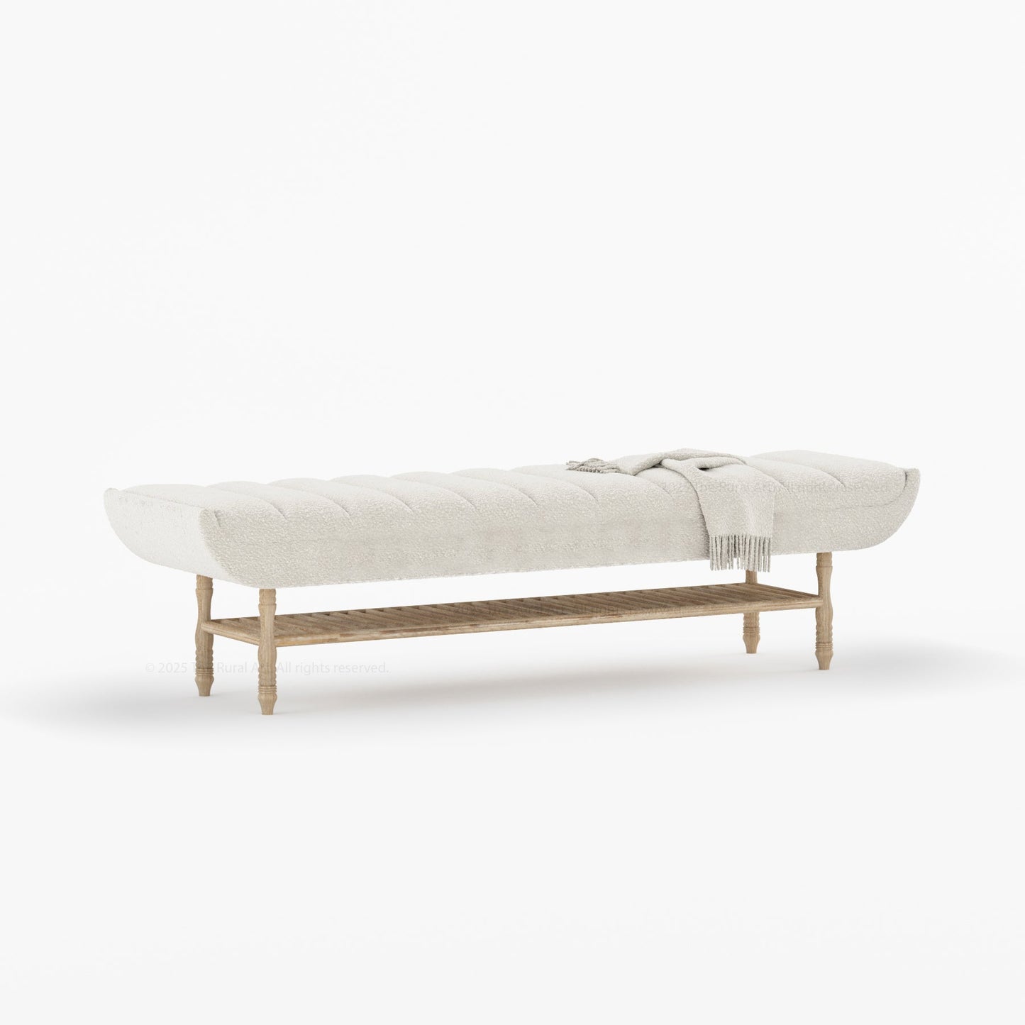 Jasper Boucle Upholstered Bedroom Bench with Turned Wood Legs & Slatted Shelf