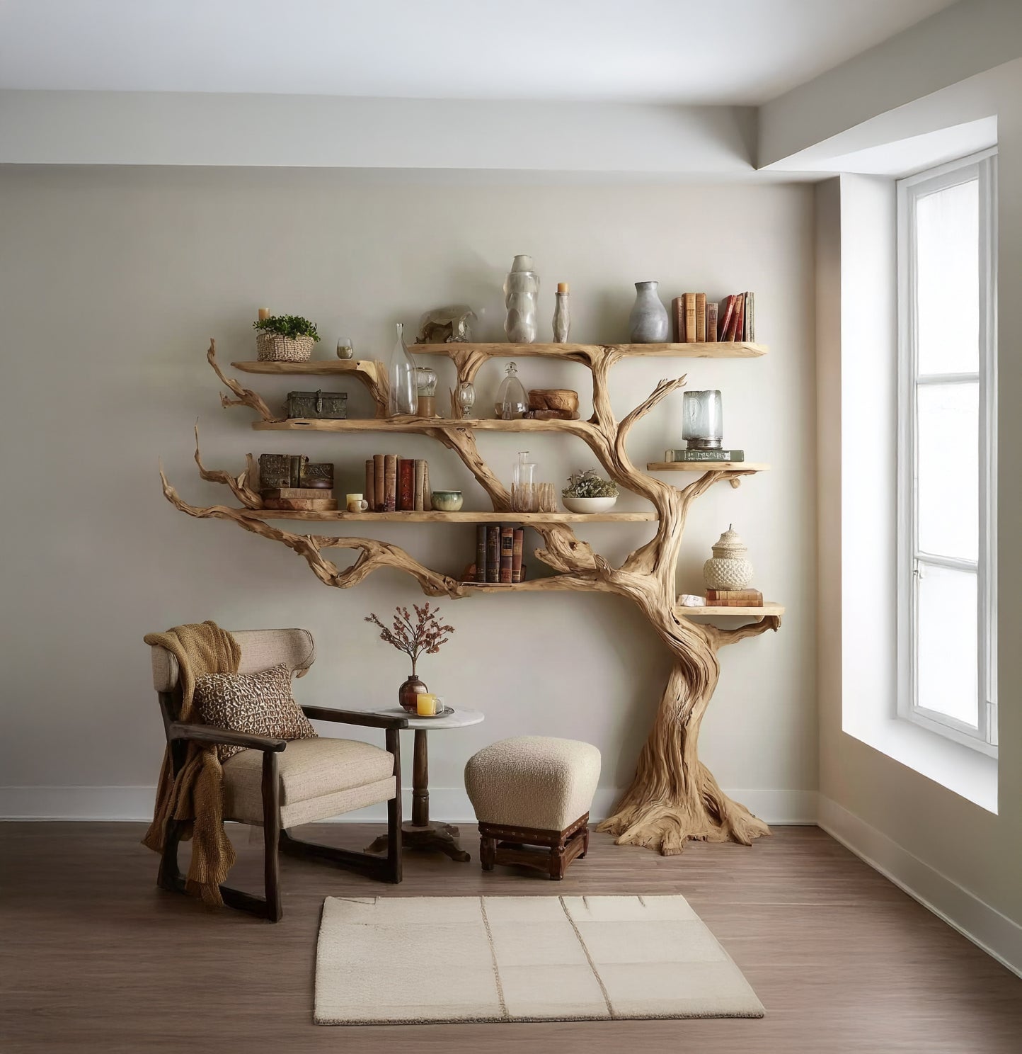 Handmade Tree Bookshelf – Large Wooden Branch Bookcase for Rustic Home Decor