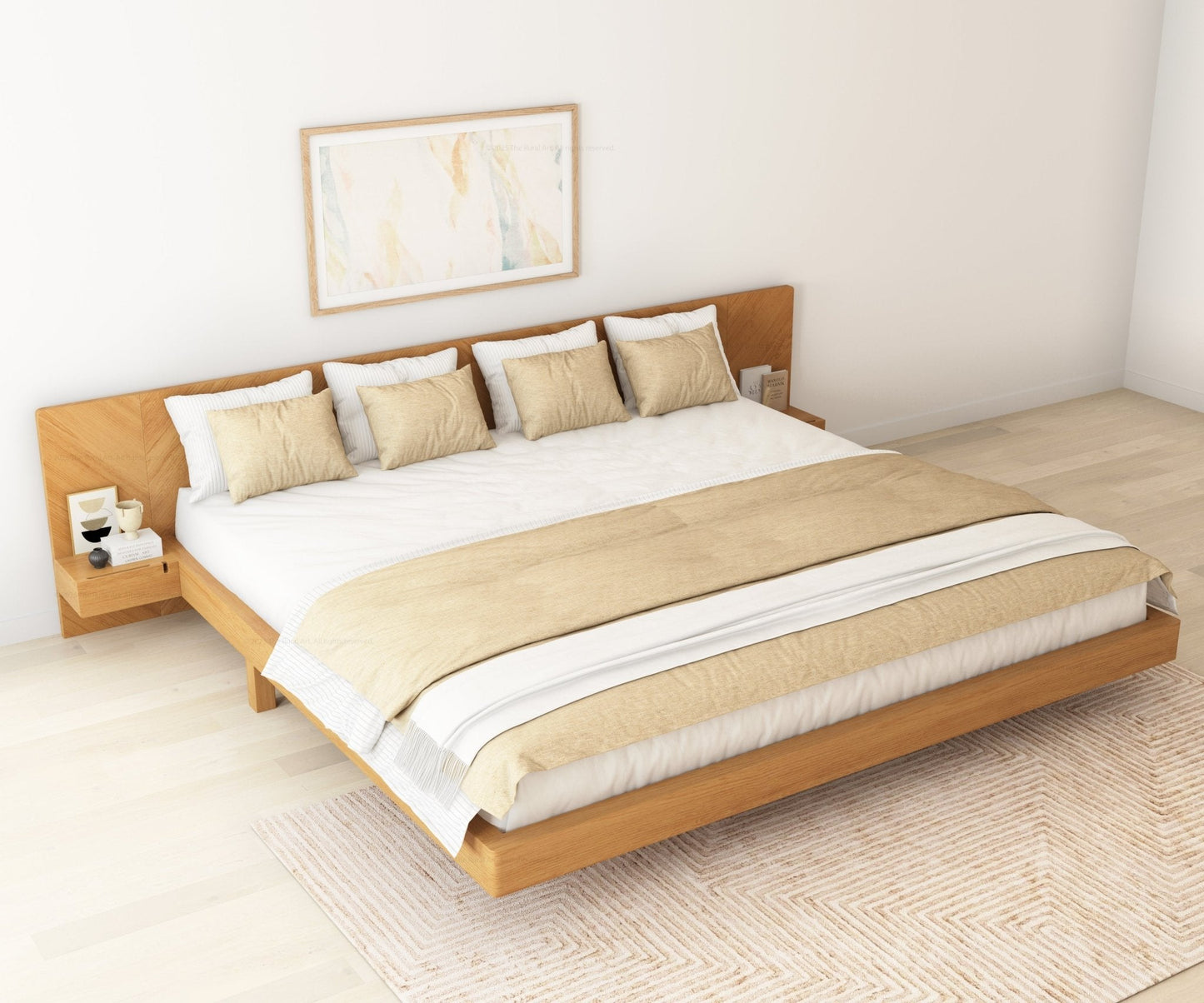 Hollywood Teakwood Floating Bed with End Tables