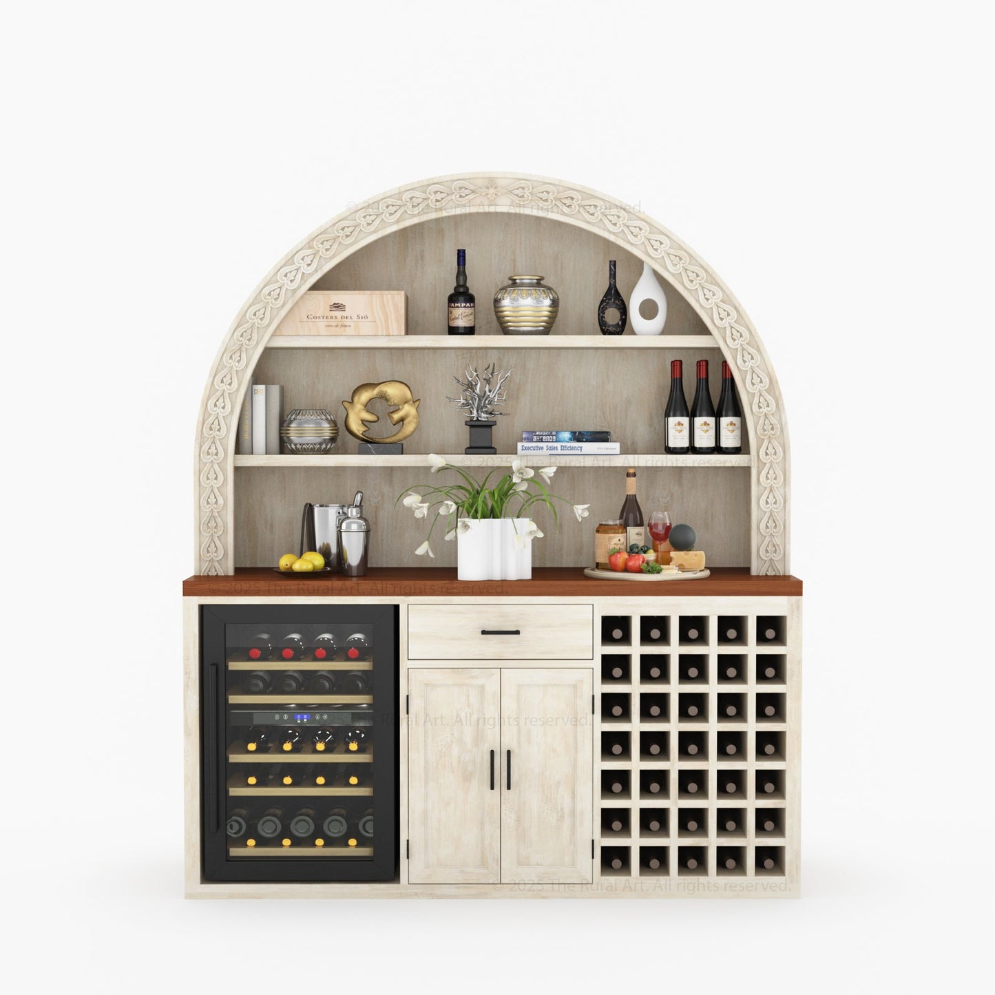 Napa Arched Solid Wood Large Bar Cabinet with Open Shelves and Fridge Space