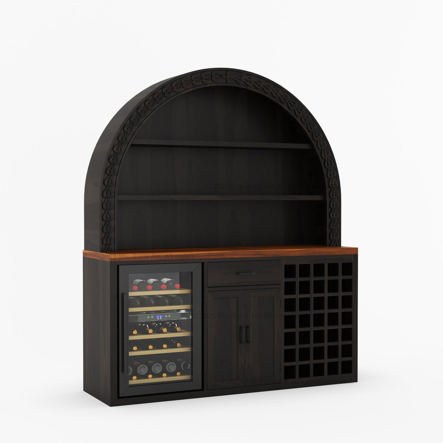 Napa Arched Solid Wood Large Bar Cabinet with Open Shelves and Fridge Space