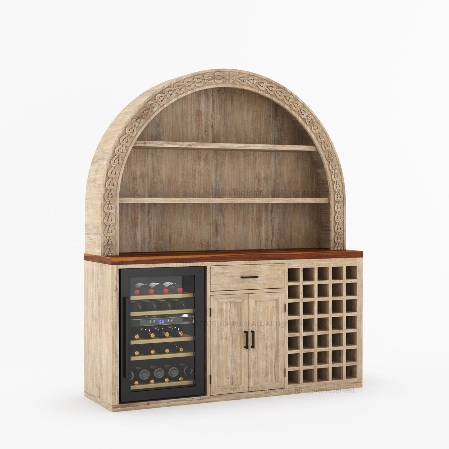 Napa Arched Solid Wood Large Bar Cabinet with Open Shelves and Fridge Space