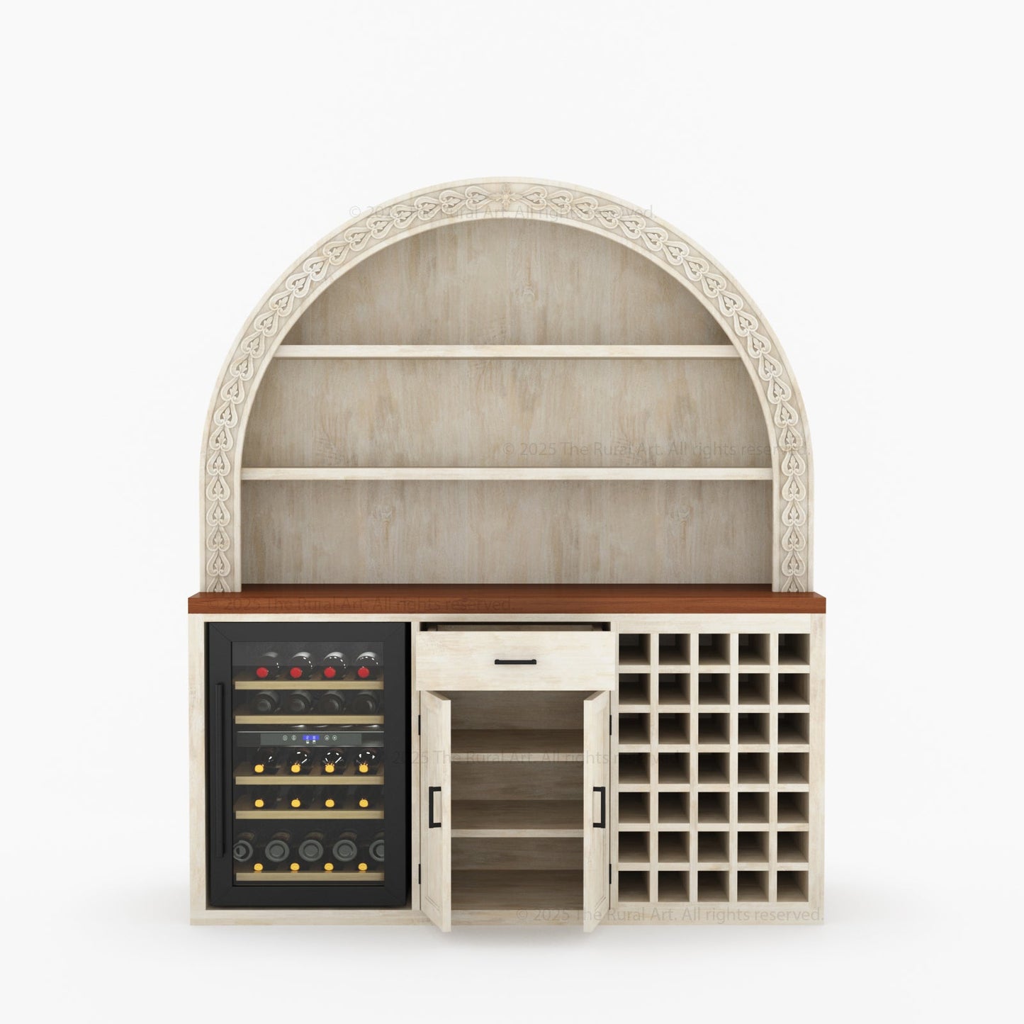 Napa Arched Solid Wood Large Bar Cabinet with Open Shelves and Fridge Space