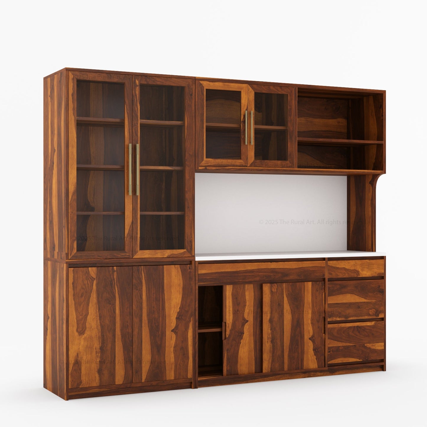 Girtin Solid Wood Wine & Coffee Bar Hutch with White Quartz Countertop – 99” Width