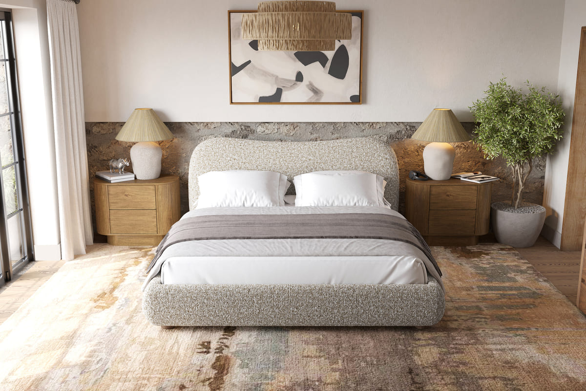 Oliver Bed – Curved Boucle Upholstered