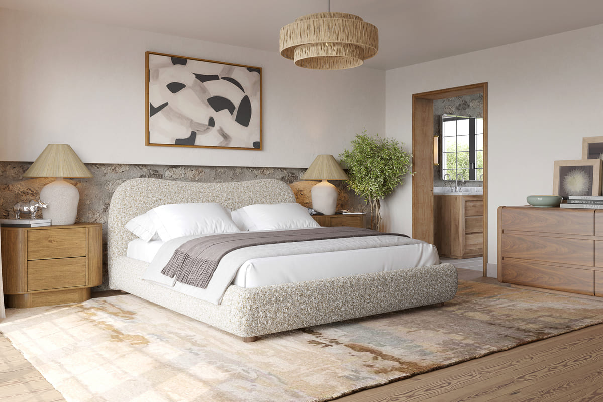 Oliver Bed – Curved Boucle Upholstered