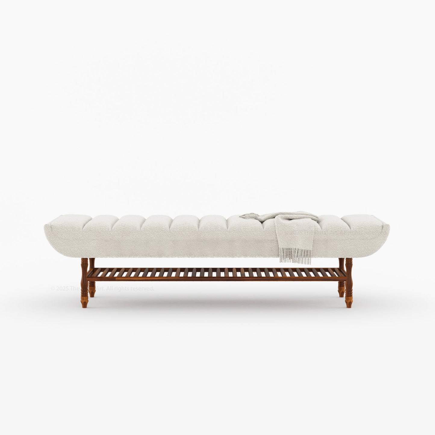 Jasper Boucle Upholstered Bedroom Bench with Turned Wood Legs & Slatted Shelf