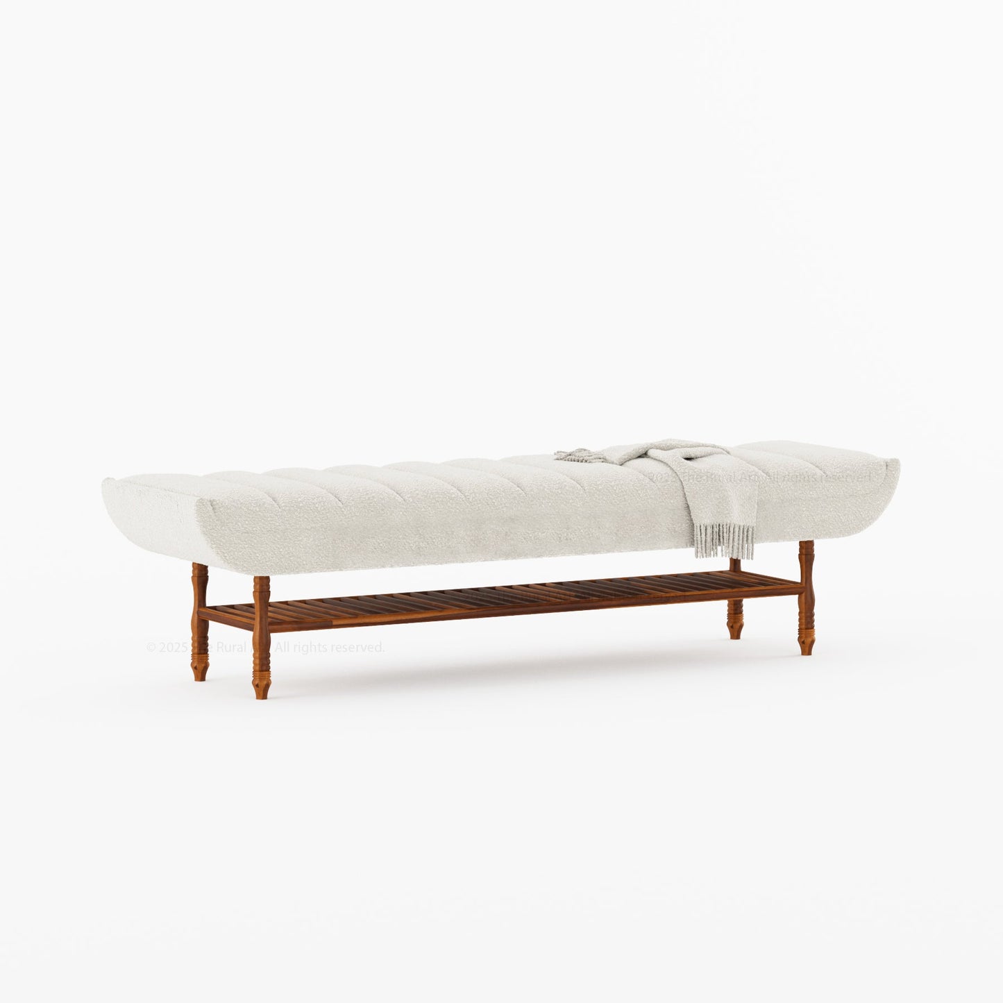 Jasper Boucle Upholstered Bedroom Bench with Turned Wood Legs & Slatted Shelf