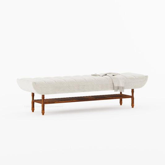 Jasper Boucle Upholstered Bedroom Bench with Turned Wood Legs & Slatted Shelf