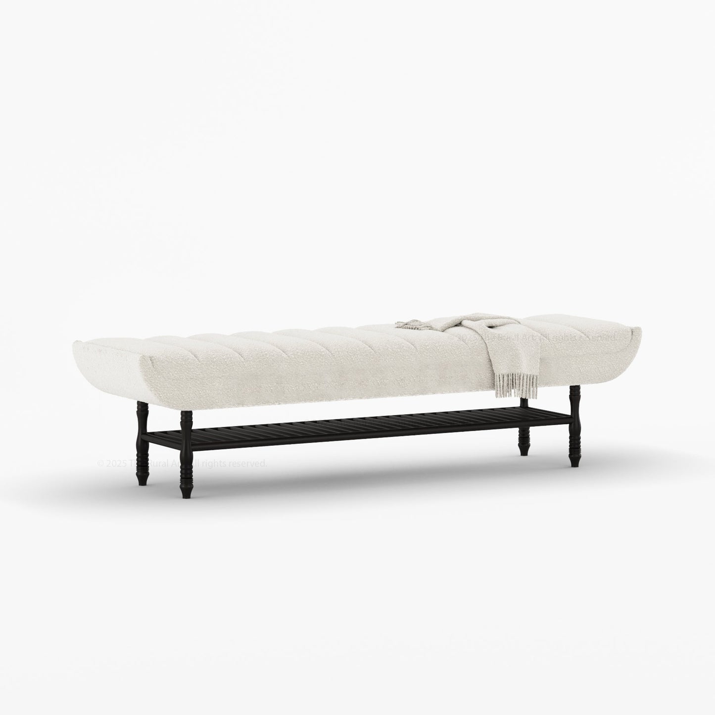 Jasper Boucle Upholstered Bedroom Bench with Turned Wood Legs & Slatted Shelf