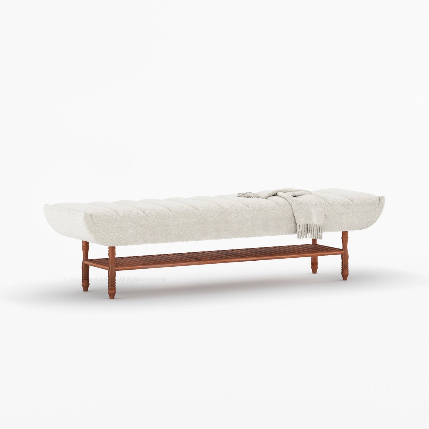 Jasper Boucle Upholstered Bedroom Bench with Turned Wood Legs & Slatted Shelf