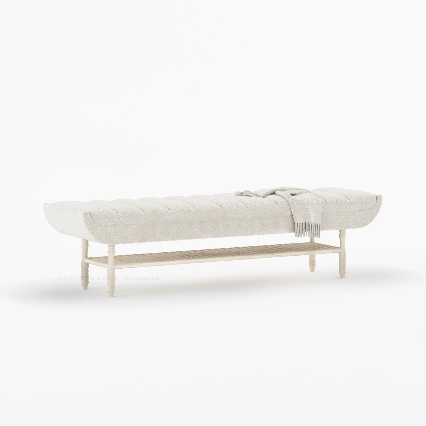 Jasper Boucle Upholstered Bedroom Bench with Turned Wood Legs & Slatted Shelf