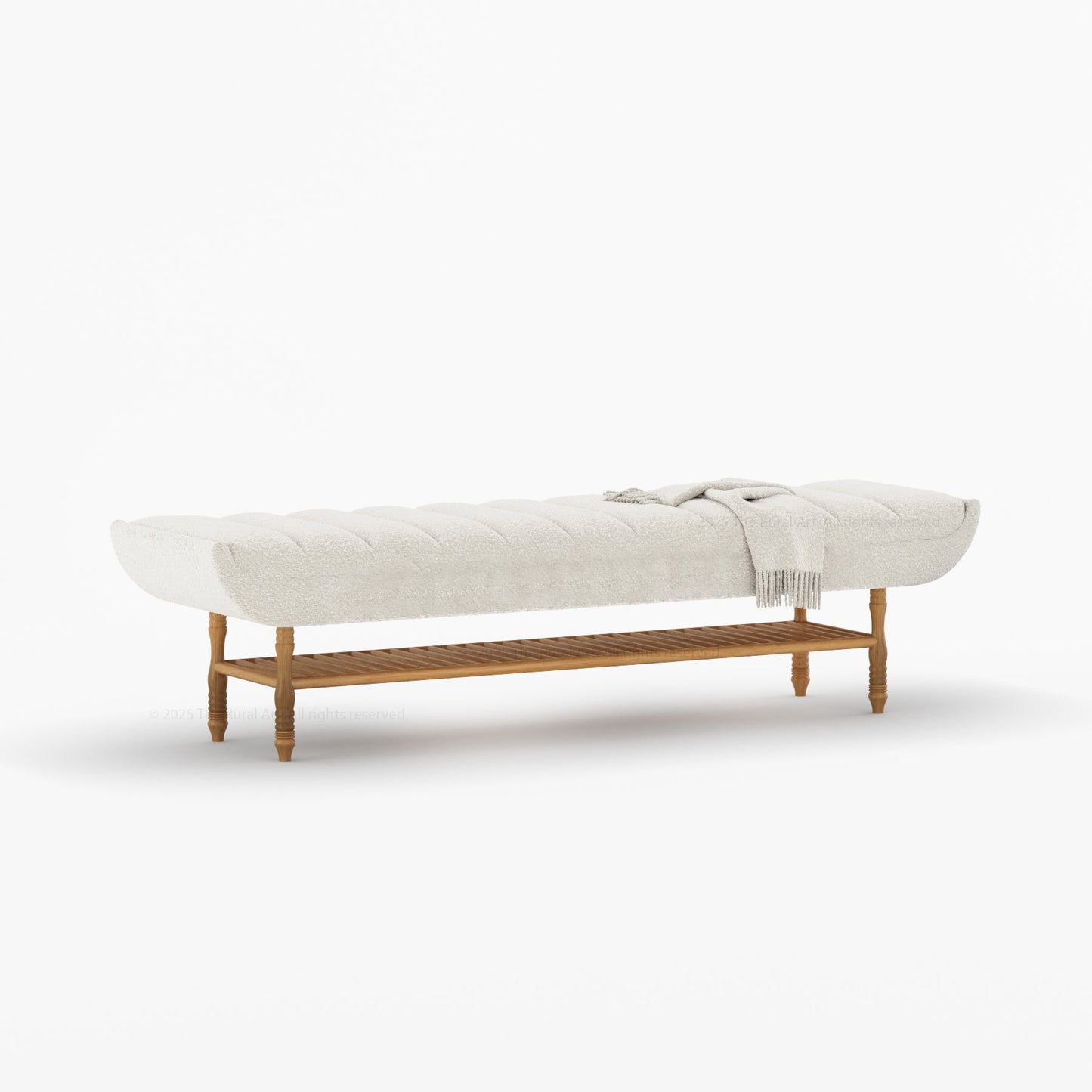 Jasper Boucle Upholstered Bedroom Bench with Turned Wood Legs & Slatted Shelf