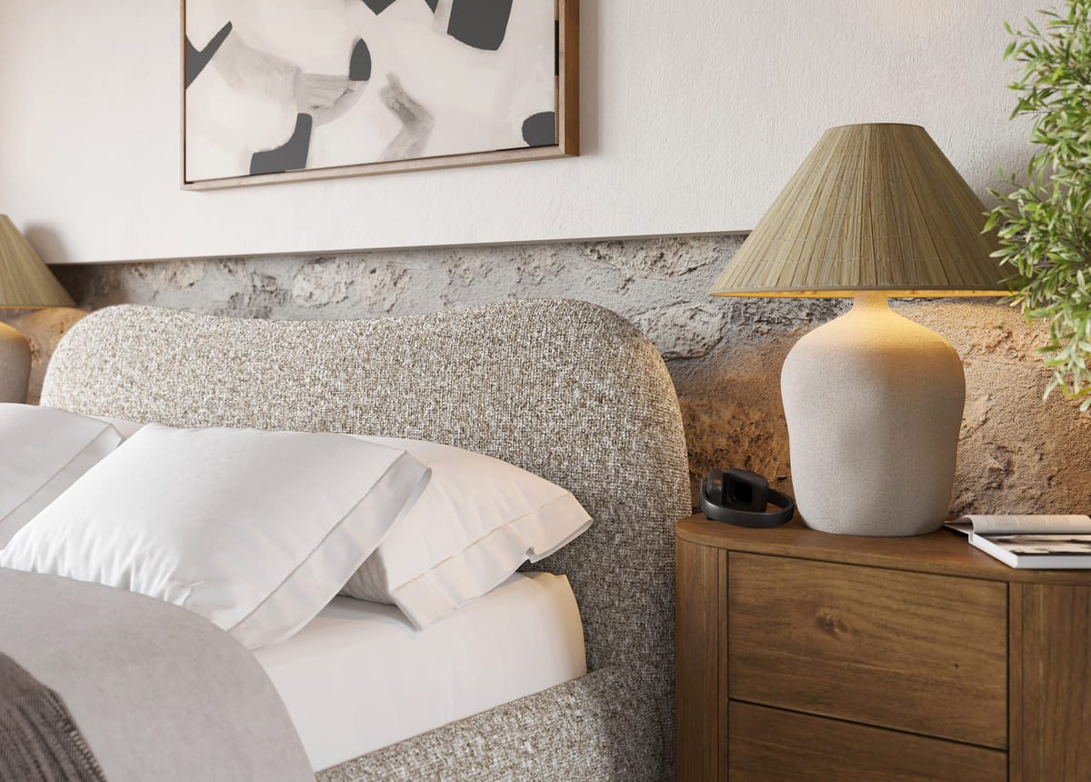 Oliver Bed – Curved Boucle Upholstered