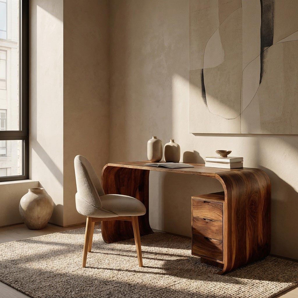 Modern Wooden Writing Desk With Curved Frame For Workspace
