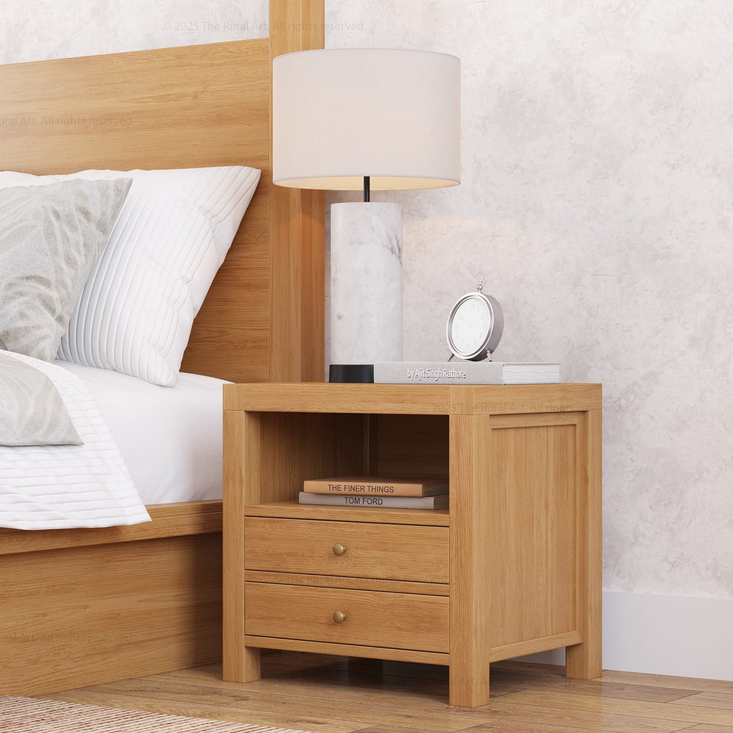 Orlando Solid Wood 2 Drawer Open Shelves Nightstand