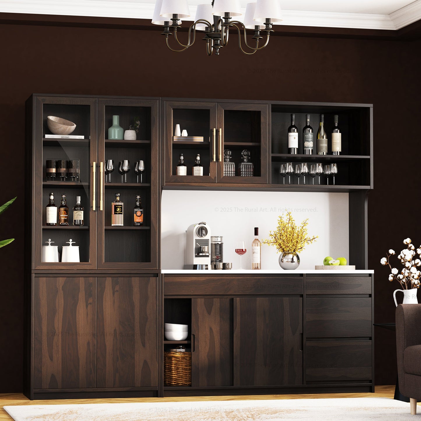 Girtin Solid Wood Wine & Coffee Bar Hutch with White Quartz Countertop – 99” Width