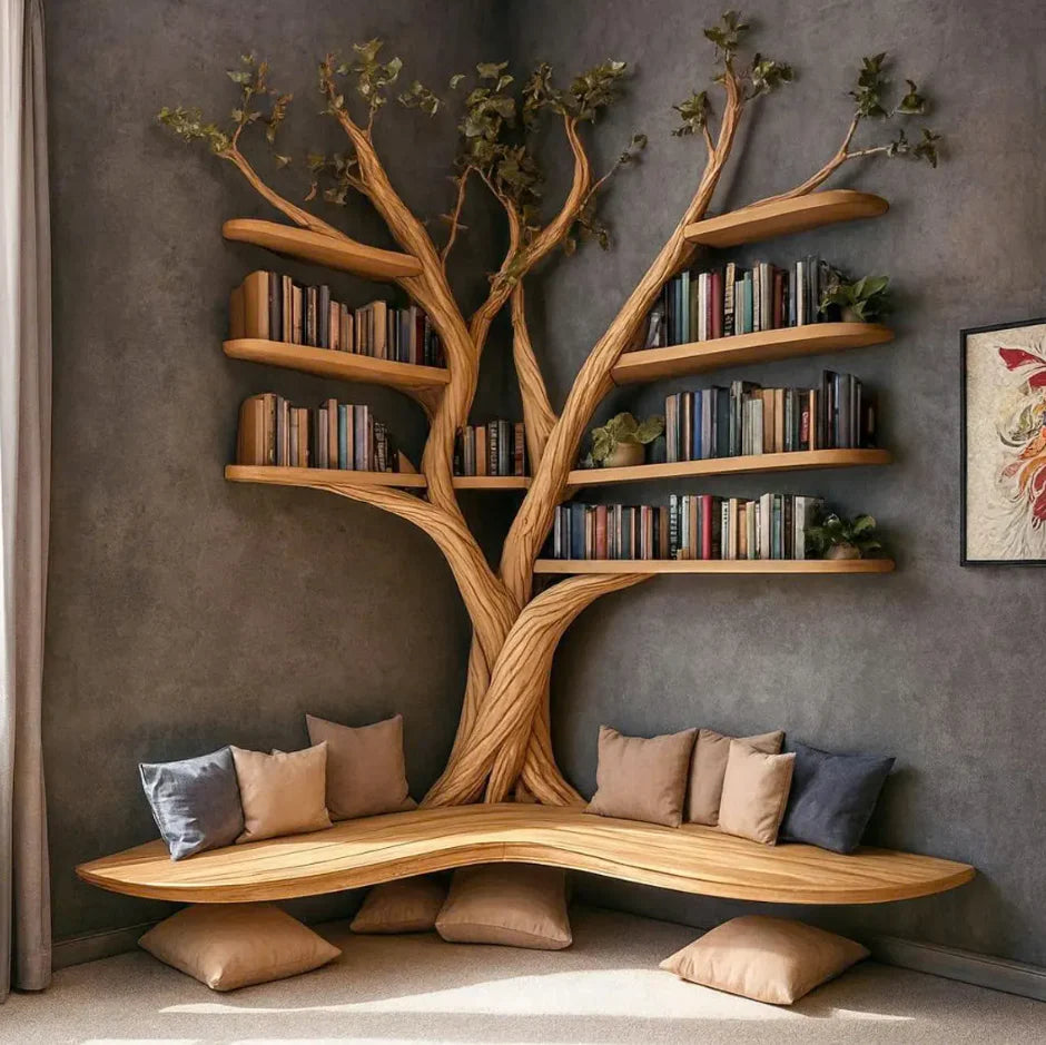 Rustic Tree Branch Floating Corner Shelf – Handmade Pine L-Shaped Wall Shelf, Natural Wood Corner Bench, Rustic Home Decor