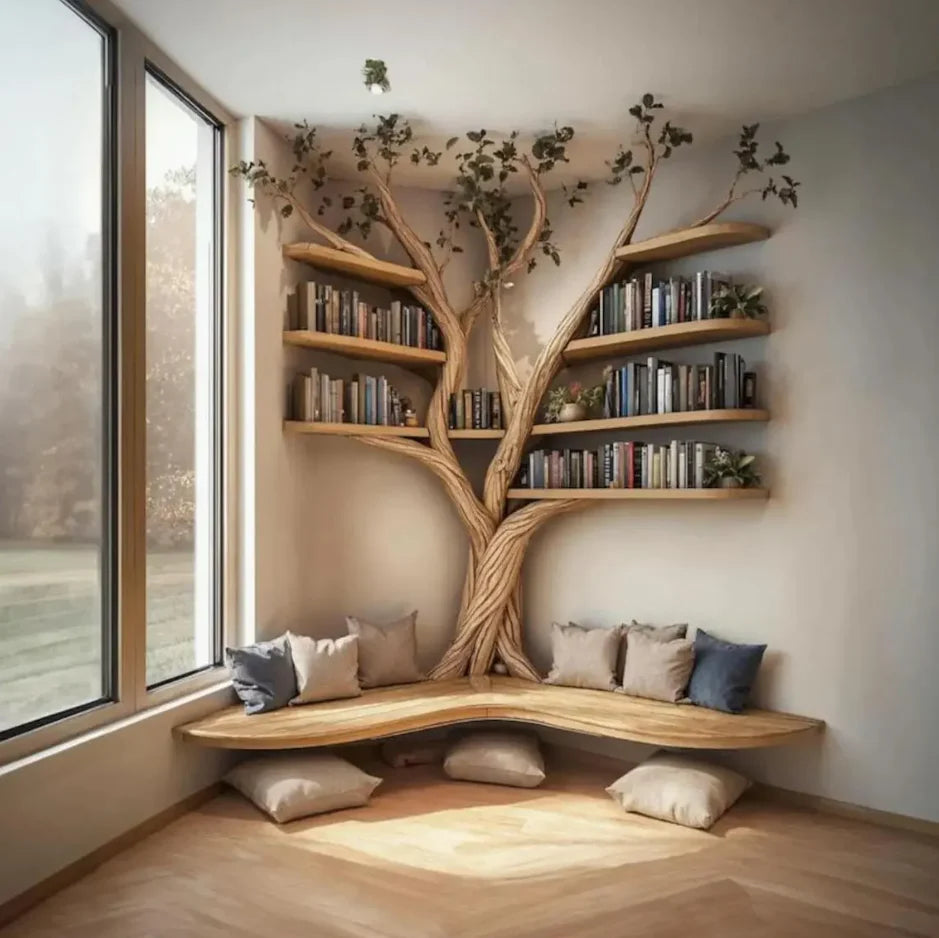 Rustic Tree Branch Floating Corner Shelf – Handmade Pine L-Shaped Wall Shelf, Natural Wood Corner Bench, Rustic Home Decor