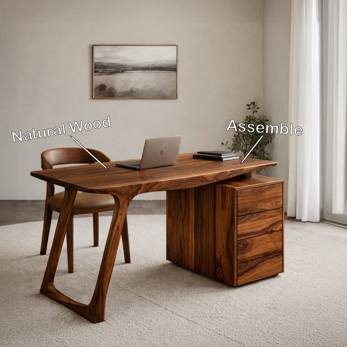 Modern Organic Wood Writing Desk With Storage For Home Office