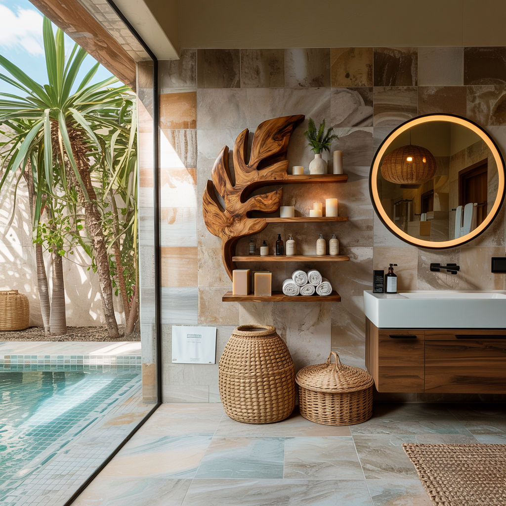 Modern Wooden Leaf Bathroom Shelf For Bathroom Interior