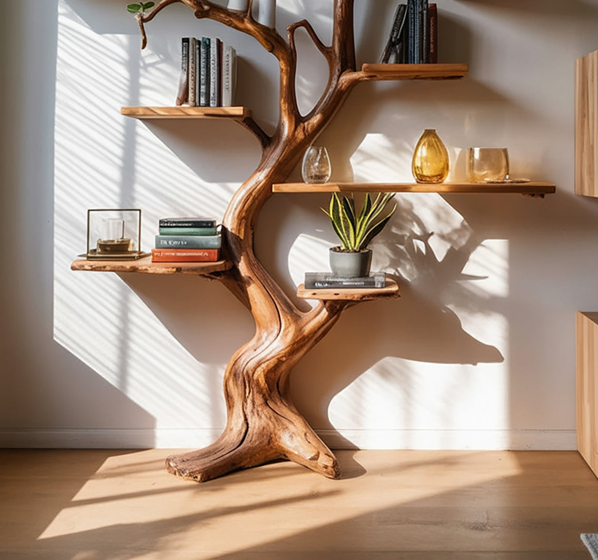 Decorative Tree Trunk Bookshelf - Large Wall-Mounted Wooden Sculpture - Rustic Display Shelf