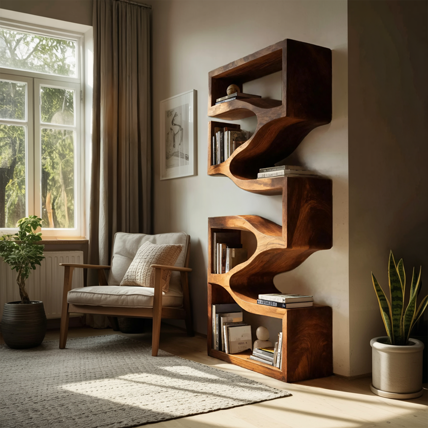Sculptural Wooden Wall Bookcase For Modern BedRoom