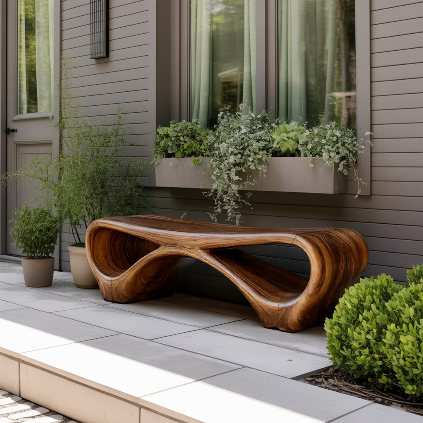 Modern Sculptural Outdoor Bench With Curved Design For Garden