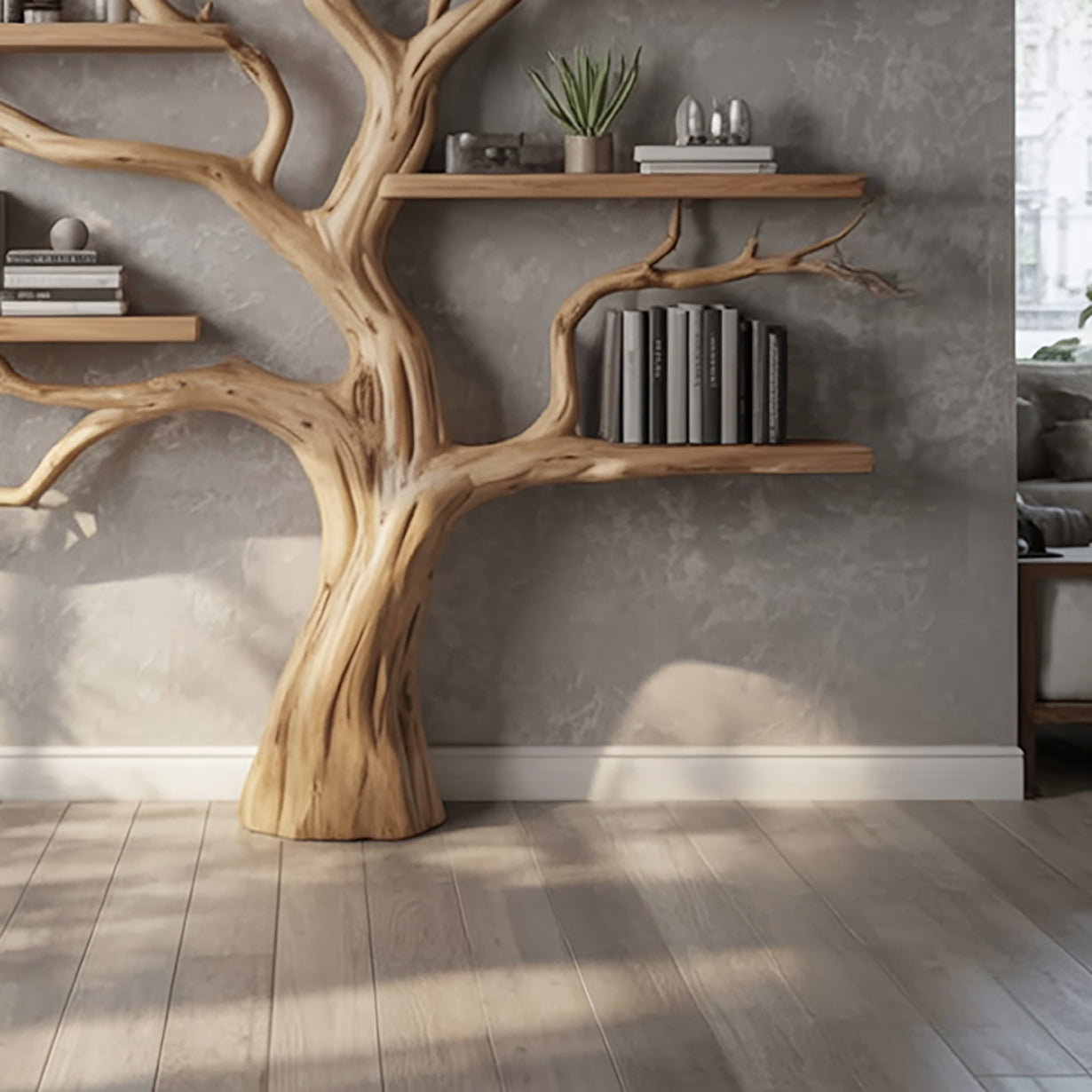 Handcrafted Tree Branch Bookshelf - Natural Wood Floating Shelves - Artistic Wall Decor