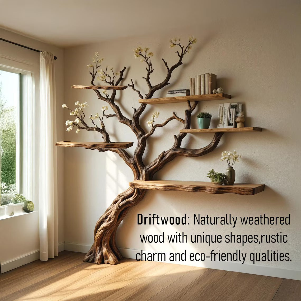 Flower tree branch bookshelf driftwoood tree shelf wall mount live edge shelving bookcase art decoration