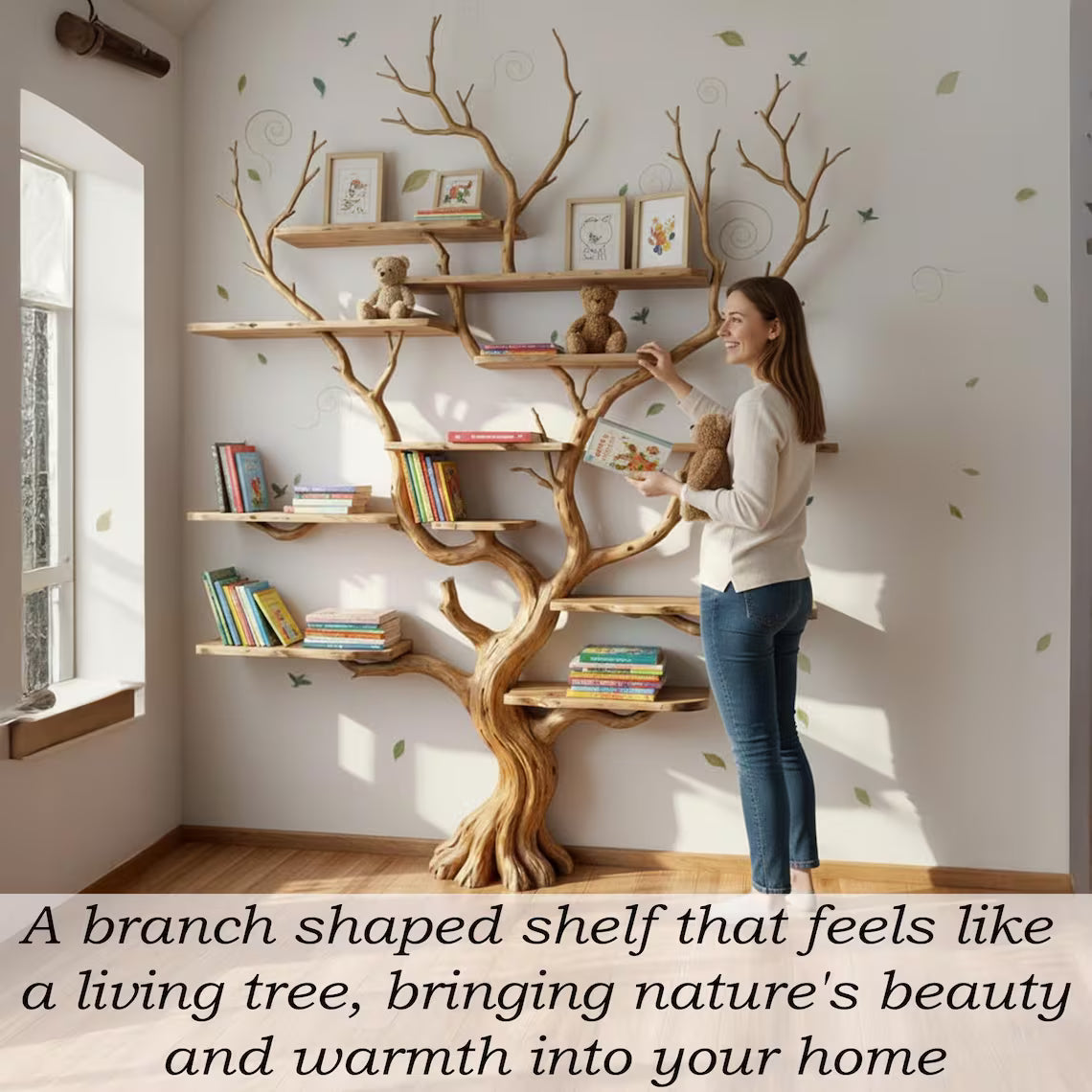 Tree branch book shelf floating shelves on wall solid wood bookshelf driftwood wall art decor for living room
