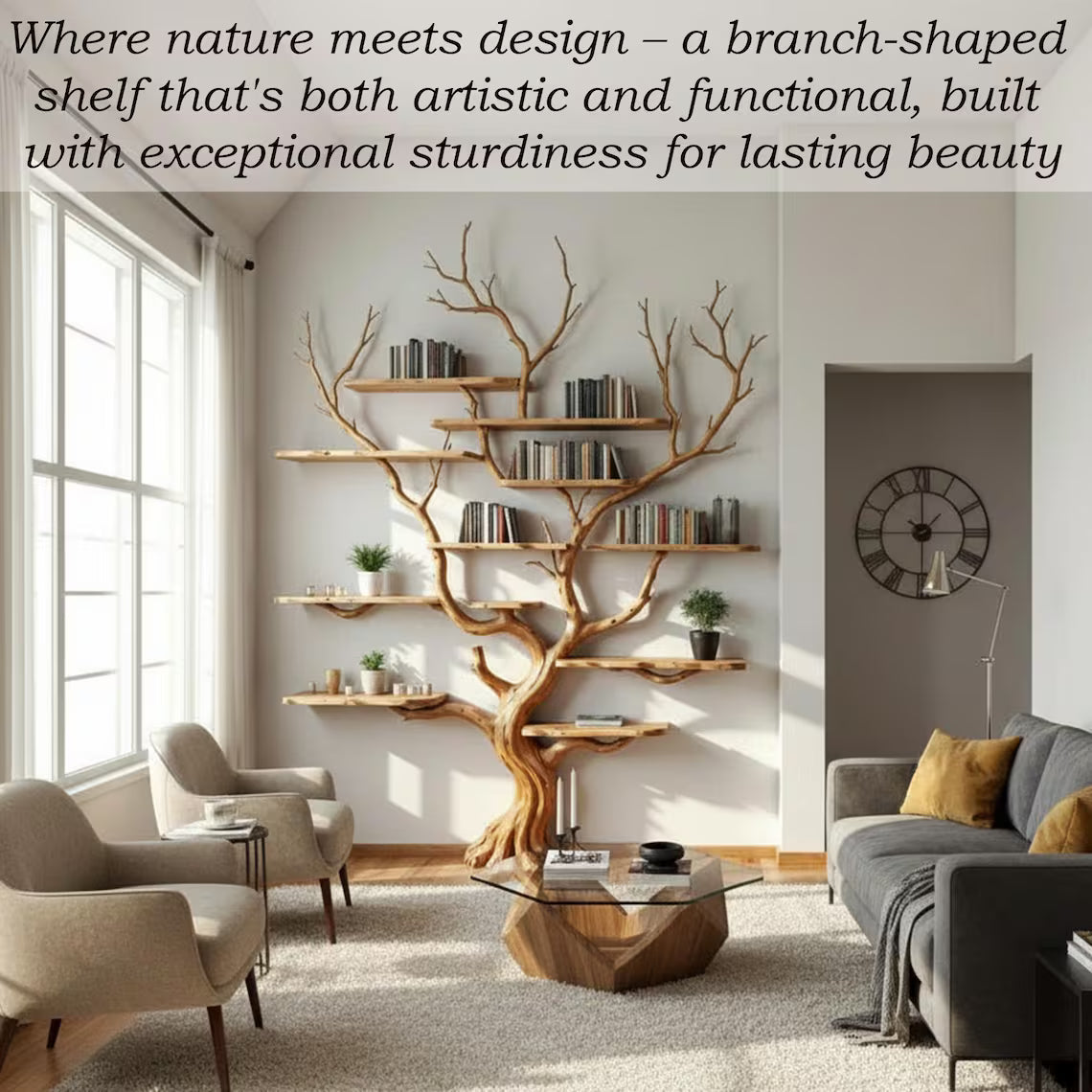 Tree branch book shelf floating shelves on wall solid wood bookshelf driftwood wall art decor for living room