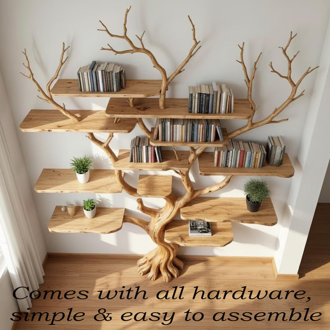 Tree branch book shelf floating shelves on wall solid wood bookshelf driftwood wall art decor for living room