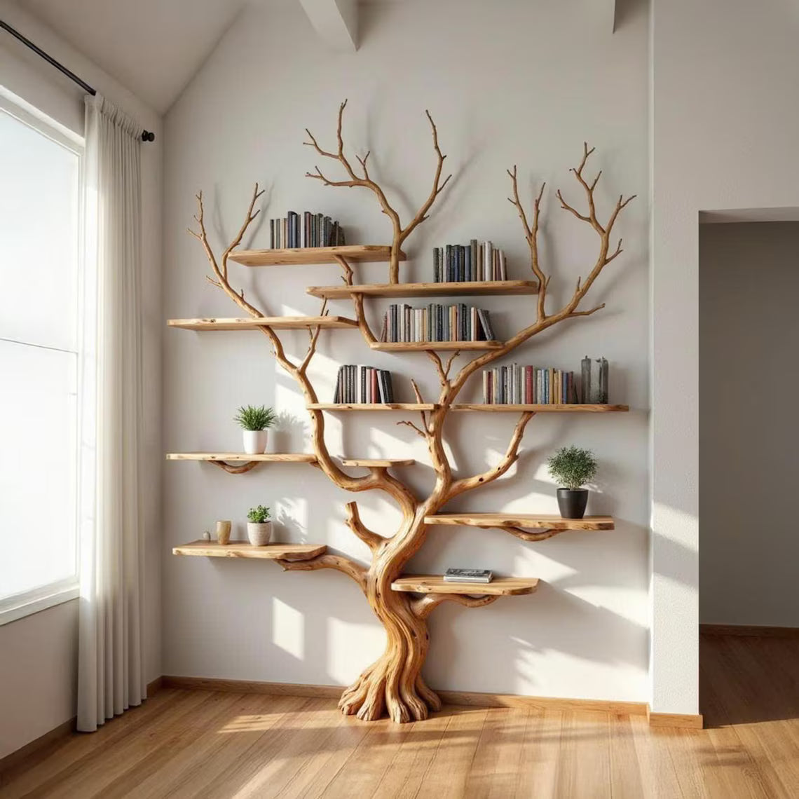 Tree branch book shelf floating shelves on wall solid wood bookshelf driftwood wall art decor for living room