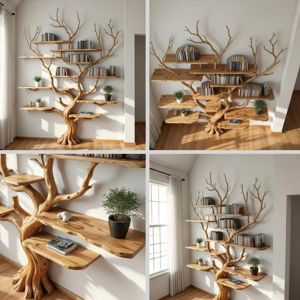 Tree branch book shelf floating shelves on wall solid wood bookshelf driftwood wall art decor for living room