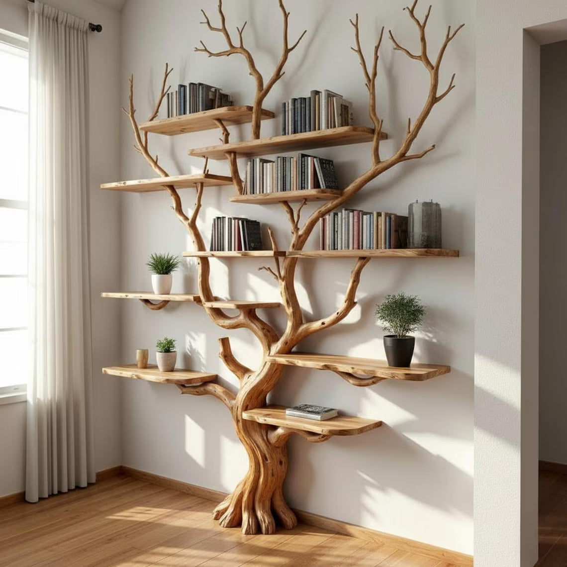 Tree branch book shelf floating shelves on wall solid wood bookshelf driftwood wall art decor for living room