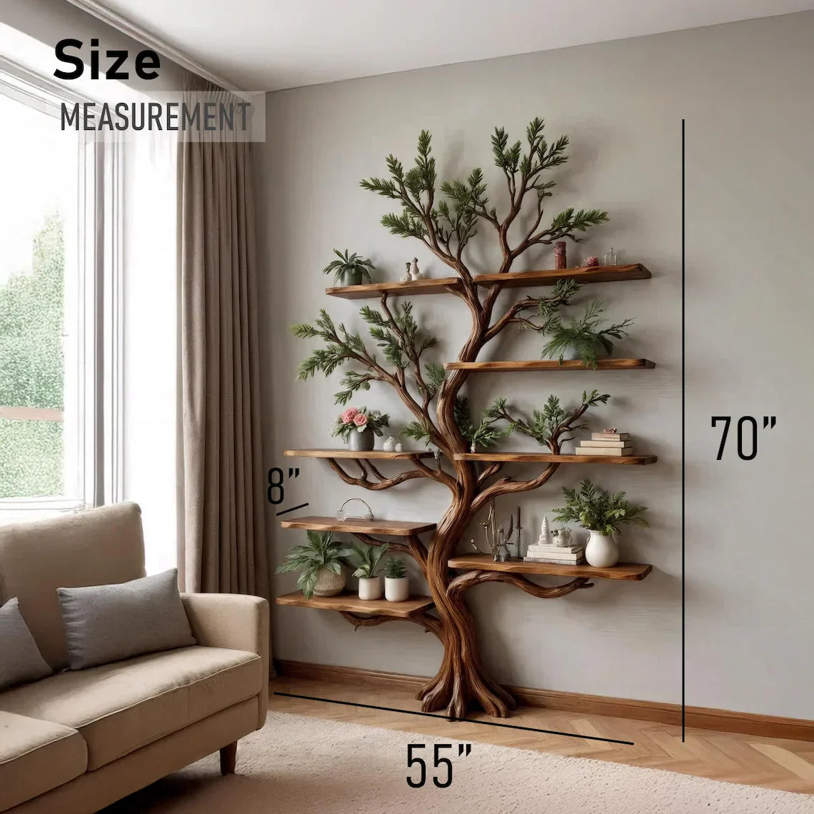 Driftwood bookshelf tree branch shelf art wall mount solid wood bookcase handmade furniture decor