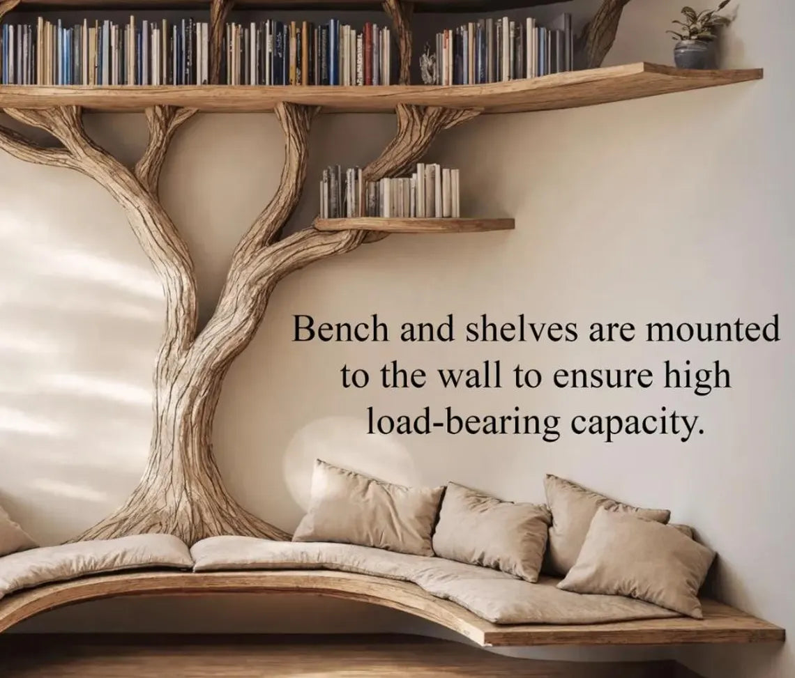 Driftwood Branch Bookshelf U Shaped Bench Wall Mounted Corner Bookcase Wood Reading Nook Mothers Day Gift Mom Furniture Mid Century