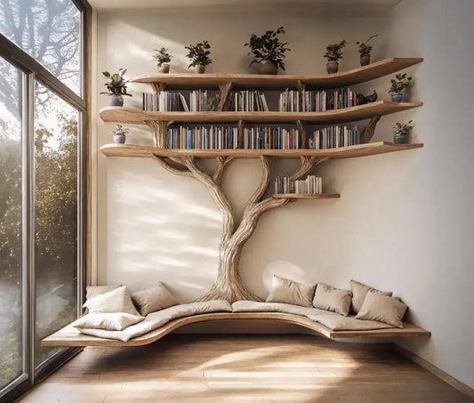 Driftwood Branch Bookshelf U Shaped Bench Wall Mounted Corner Bookcase Wood Reading Nook Mothers Day Gift Mom Furniture Mid Century