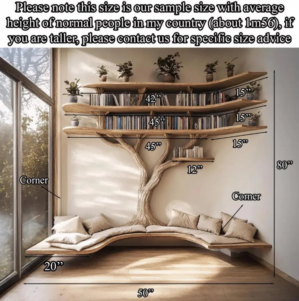 Driftwood Branch Bookshelf U Shaped Bench Wall Mounted Corner Bookcase Wood Reading Nook Mothers Day Gift Mom Furniture Mid Century