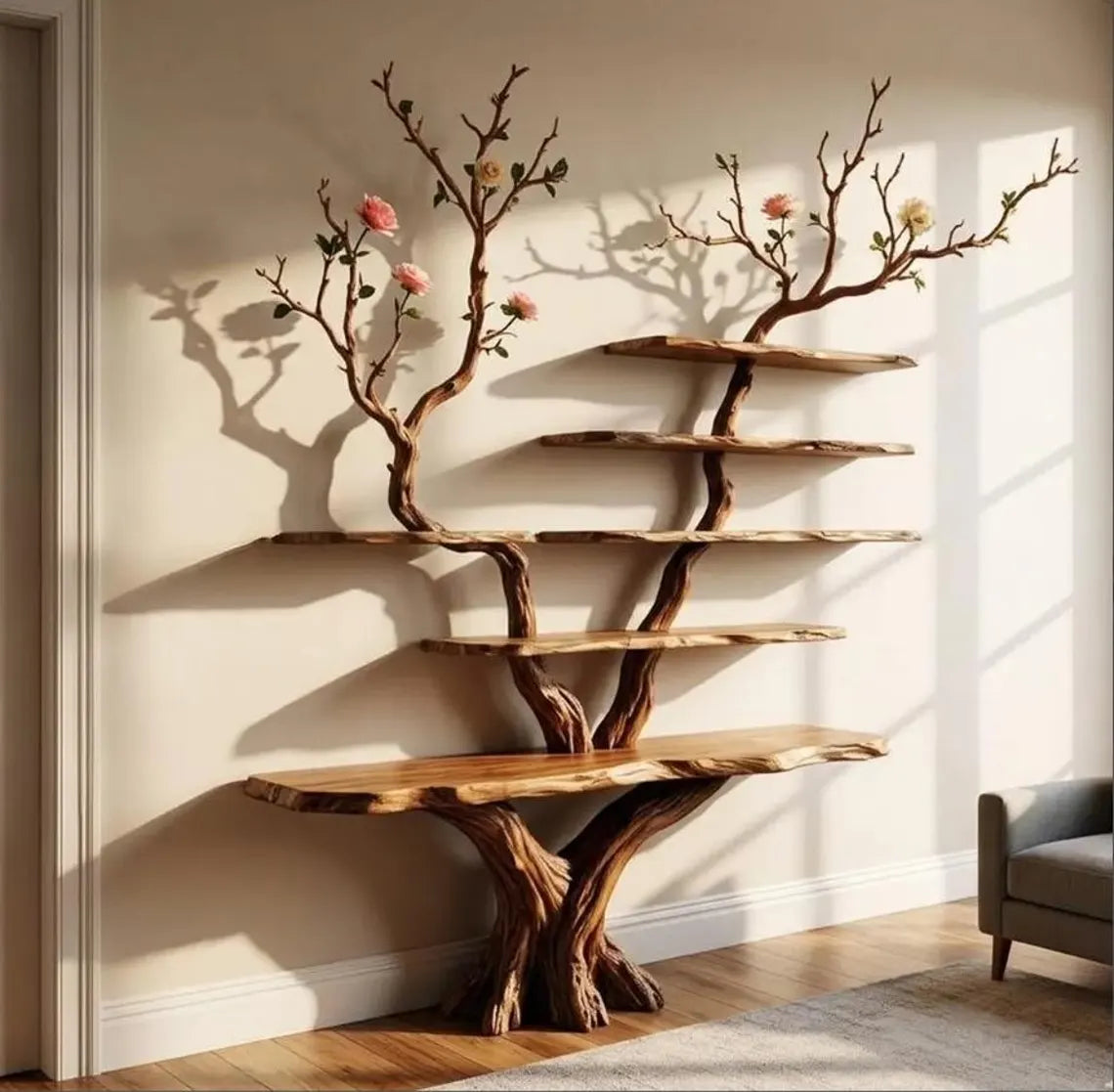 Natural Wood Tree Branch Floating Bookshelf Wall Mount Driftwood Sculpture Art Mothers Day Gift Rustic Boho Decor