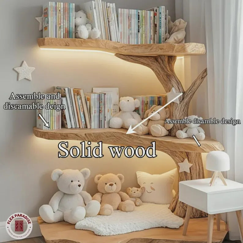 Rustic Corner Tree Bookshelf Solid Wood Nursery Bookcase 45"H x 40"W Kids Bedroom Decor Reading Nook Storage