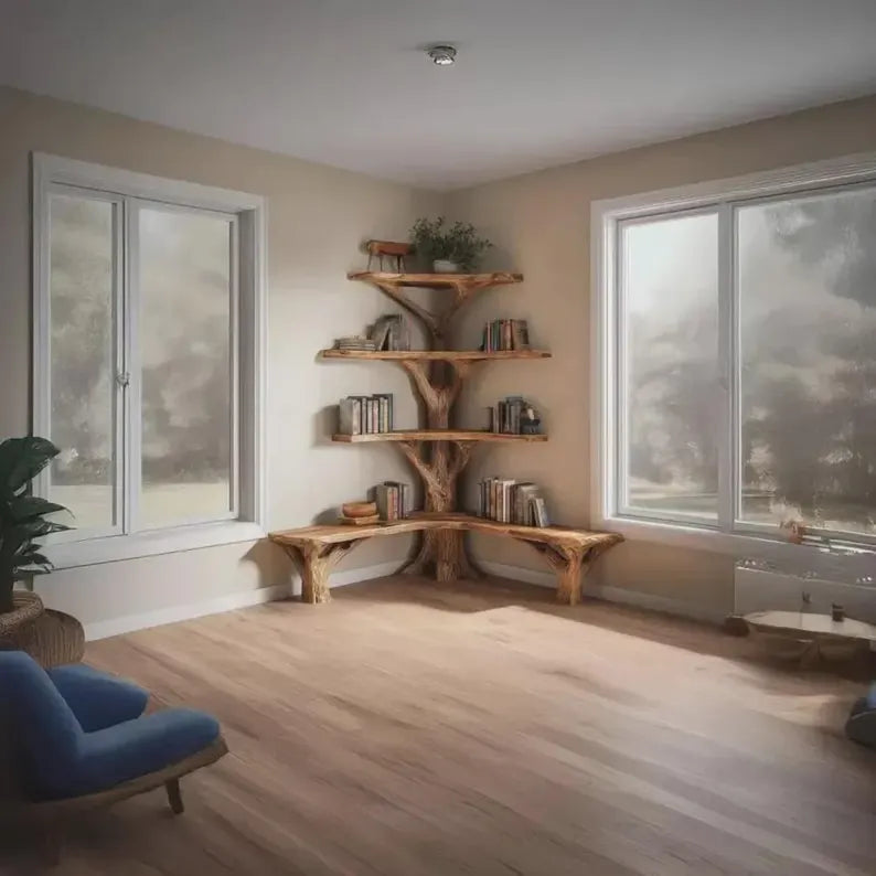 Hand-Carved Corner Tree Bookshelf with Reading Bench – Solid Natural Wood Library & Seating Unit