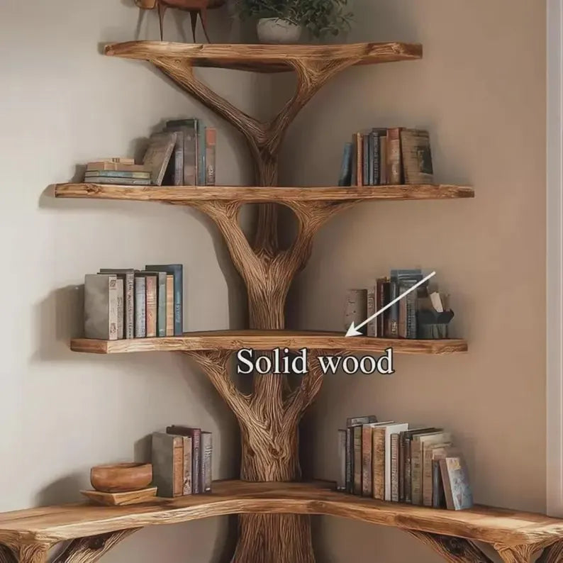 Hand-Carved Corner Tree Bookshelf with Reading Bench – Solid Natural Wood Library & Seating Unit