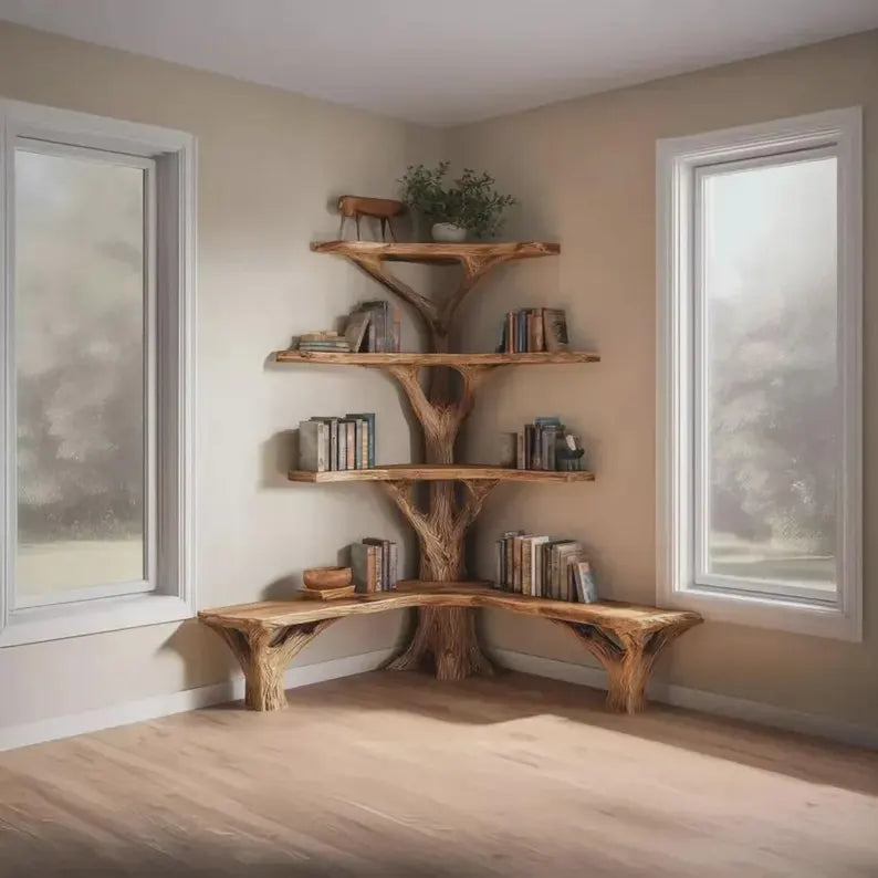Hand-Carved Corner Tree Bookshelf with Reading Bench – Solid Natural Wood Library & Seating Unit