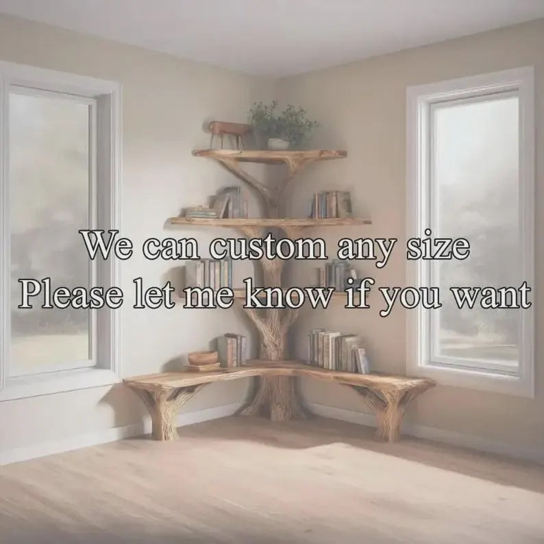 Hand-Carved Corner Tree Bookshelf with Reading Bench – Solid Natural Wood Library & Seating Unit