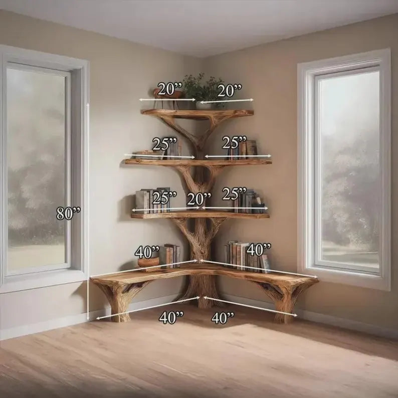 Hand-Carved Corner Tree Bookshelf with Reading Bench – Solid Natural Wood Library & Seating Unit