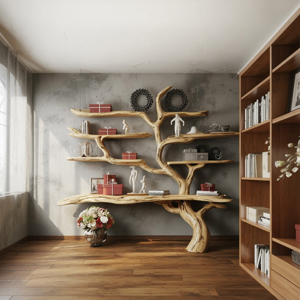 Handcrafted Tree Bookshelf – Rustic Live Edge Wooden Wall Bookcase