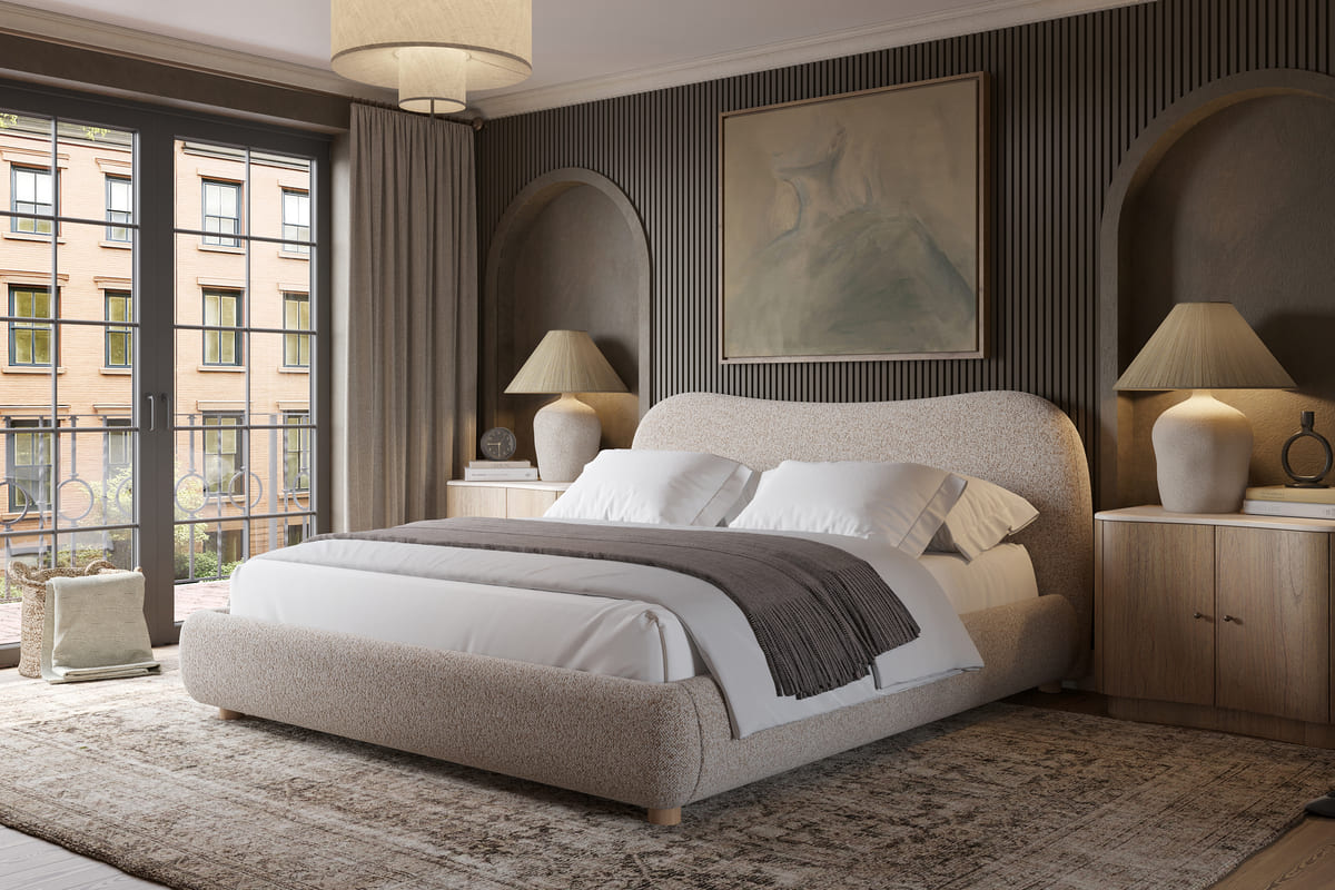 Oliver Bed – Curved Boucle Upholstered