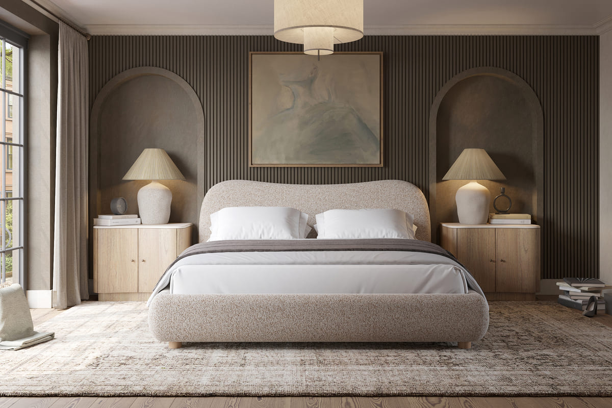 Oliver Bed – Curved Boucle Upholstered